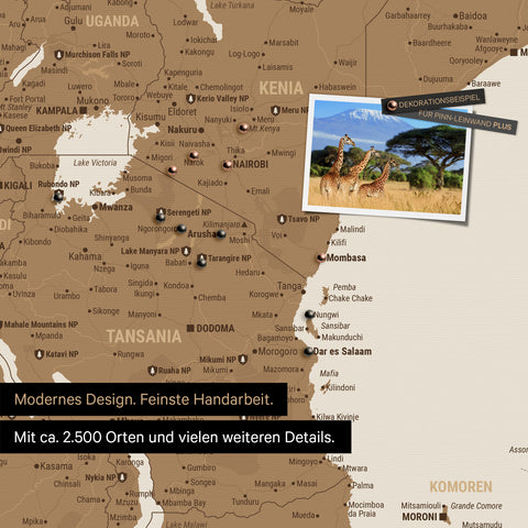 Detailreiche Afrika-Karte als Pinnwand in Bronze zur Markierung von 2.500 Reisezielen in Tansania, Kenia und vielen anderen afrikanischen Ländern – ideal für die Markierung vergangener Reisen und zukünftiger Reisepläne