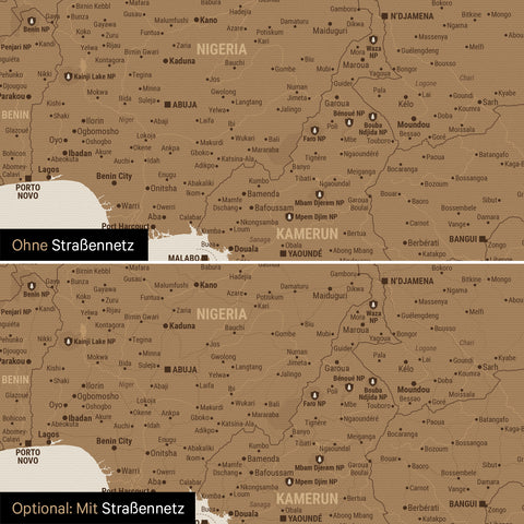 Landkarte von Afrika als Pinn-Leinwand in Bronze wahlweise mit oder ohne eingedrucktem Straßennetz
