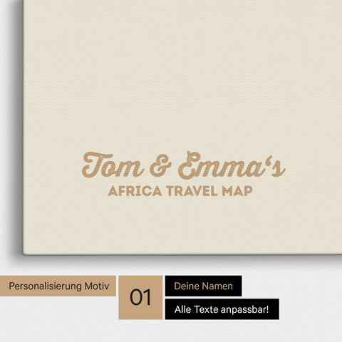 Afrika-Karte als Pinnwand Leinwand in Gold mit Personalisierung und Eindruck von deinen Namen