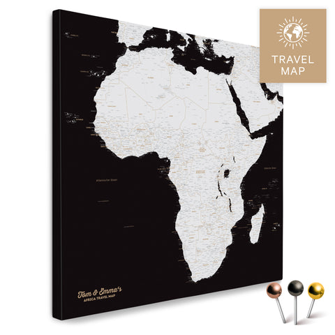 Afrika-Karte in Schwarz-Weiss als Pinn-Leinwand, perfekt zum Markieren und Planen von Reisen, hier kaufen