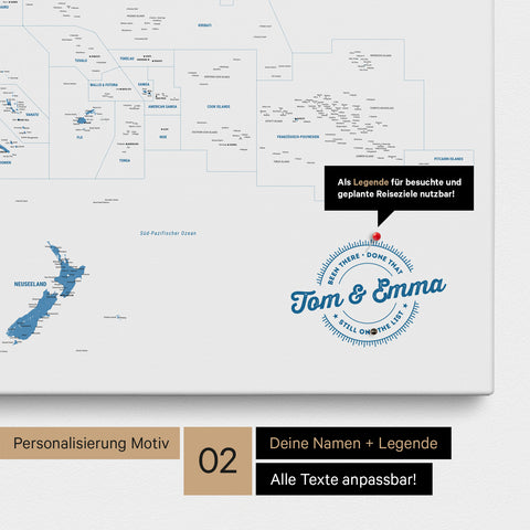 Personalisierte Australien-Karte als Pinn-Leinwand in Farbe Blau mit eingedruckten Namen und einer Legende zur Markierung von besuchten Orten