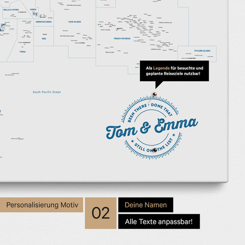 Personalisierte Australien-Karte als Pinn-Leinwand in Farbe Blau mit eingedruckten Namen und einer Legende zur Markierung von besuchten Orten