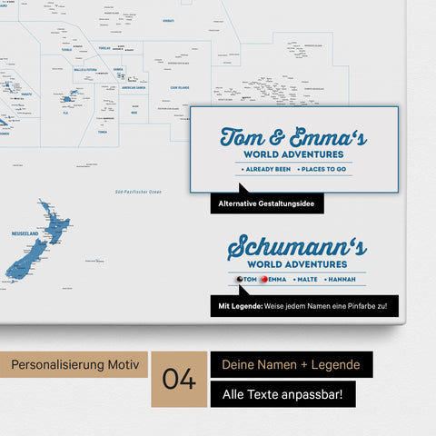 Australien-Karte als Leinwand zum Pinnen in Farbe Blau mit Personalisierung in Form eines Logos für Familiennamen