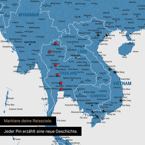 Detail einer Südost-Asien-Karte als Pinn-Leinand in Farbe Blau mit Kartenausschnitt von Thailand, Vietnam und Myanmar