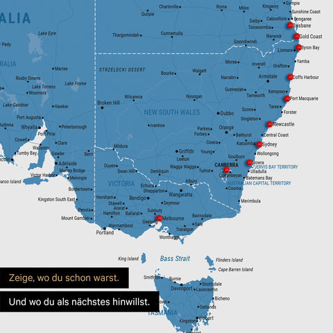 Ausschnitt einer Landkarte von Australien in Farbe Blau mit Pins zur Markierung von besuchten Reisezielen