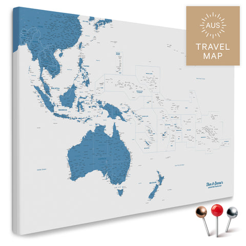 Landkarte von Australien und Ozeanien in Farbe Blau als Pinnwand Leinwand zum Pinnen und Markieren von Reisezielen