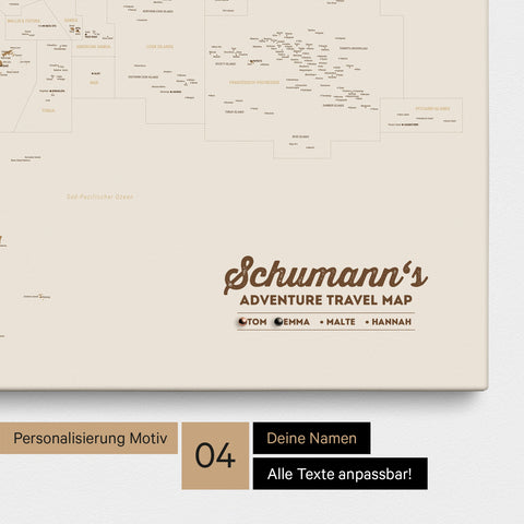 Australien-Karte als Leinwand zum Pinnen in Farbe Bronze mit Personalisierung in Form eines Logos für Familiennamen