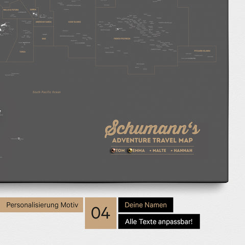 Australien-Karte als Leinwand zum Pinnen in Farbe Dunkelgrau mit Personalisierung in Form eines Logos für Familiennamen