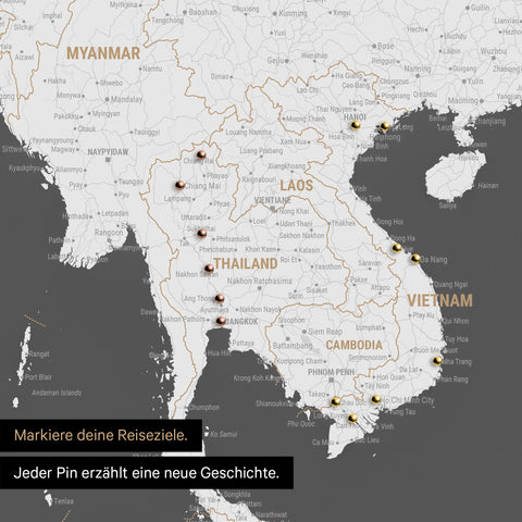Detail einer Südost-Asien-Karte als Pinn-Leinand in Farbe Dunkelgrau mit Kartenausschnitt von Thailand, Vietnam und Myanmar