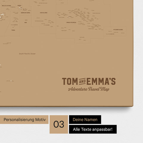 Karte von Australien und Ozeanien in Farbe Treasure Gold als Leinwand zum Pinnen mit einer optionalen Personalisierung