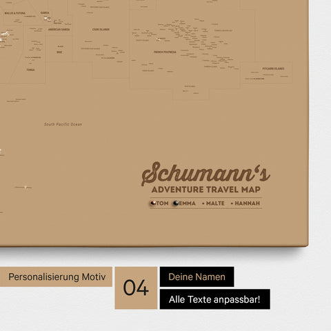 Australien-Karte als Leinwand zum Pinnen in Farbe Treasure Gold mit Personalisierung in Form eines Logos für Familiennamen