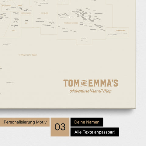 Karte von Australien und Ozeanien in Farbe Gold als Leinwand zum Pinnen mit einer optionalen Personalisierung