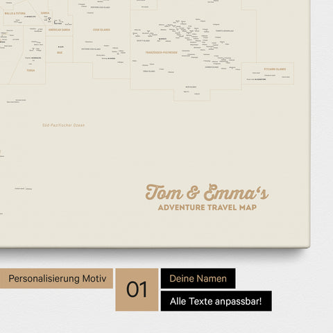 Detail einer Südost-Asien-Karte als Pinn-Leinand in Farbe Gold mit Kartenausschnitt von Thailand, Vietnam und Myanmar
