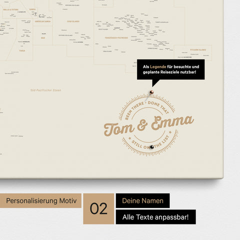 Ausschnitt einer Landkarte von Australien in Farbe Gold mit Pins zur Markierung von besuchten Reisezielen
