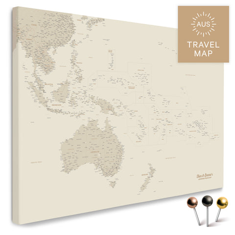 Landkarte von Australien und Ozeanien in Farbe Gold als Pinnwand Leinwand zum Pinnen und Markieren von Reisezielen