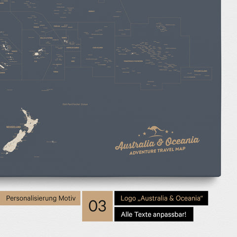 Karte von Australien und Ozeanien in Farbe Hale Navy (Dunkelblau Gold) als Leinwand zum Pinnen mit einer optionalen Personalisierung