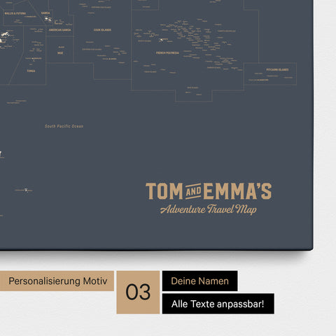 Karte von Australien und Ozeanien in Farbe Hale Navy (Dunkelblau Gold) als Leinwand zum Pinnen mit einer optionalen Personalisierung
