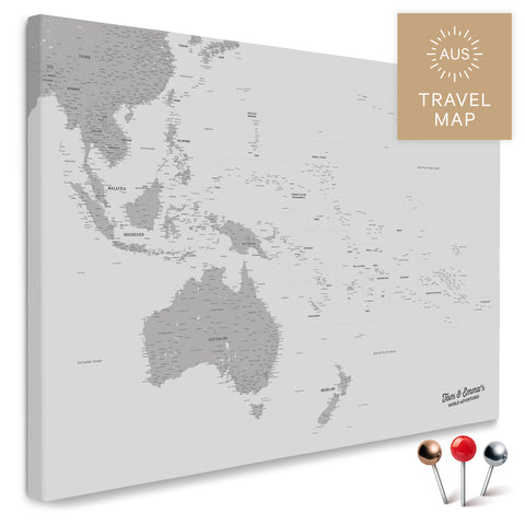 Landkarte von Australien und Ozeanien in Farbe Hellgrau als Pinnwand Leinwand zum Pinnen und Markieren von Reisezielen
