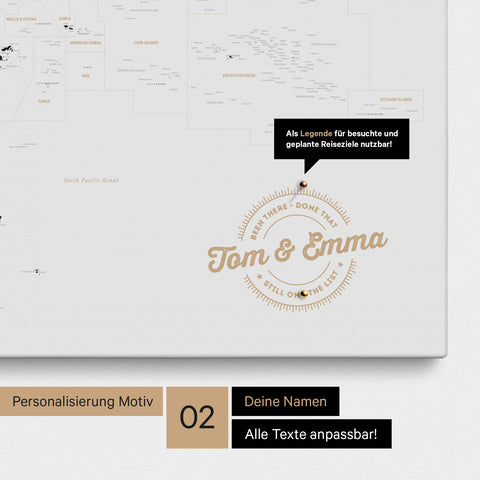 Personalisierte Australien-Karte als Pinn-Leinwand in Farbe Light Black mit eingedruckten Namen und einer Legende zur Markierung von besuchten Orten
