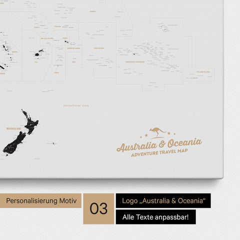 Karte von Australien und Ozeanien in Farbe Light Black als Leinwand zum Pinnen mit einer optionalen Personalisierung