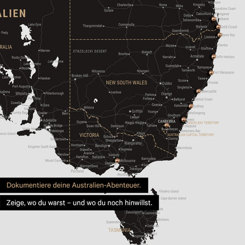 Ausschnitt einer Landkarte von Australien in Farbe Light Black mit Pins zur Markierung von besuchten Reisezielen