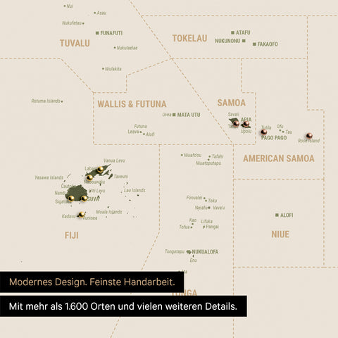 Sehr detaillierte Landkarte von Ozeanien in Farbe Olive Green mit allen Inseln und Atollen in der Südsee