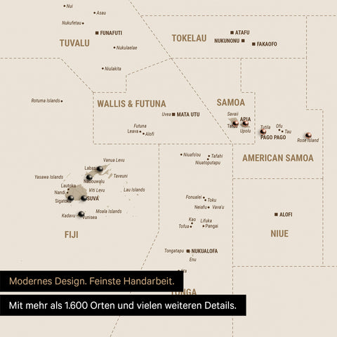Sehr detaillierte Landkarte von Ozeanien in Farbe Bronze mit allen Inseln und Atollen in der Südsee