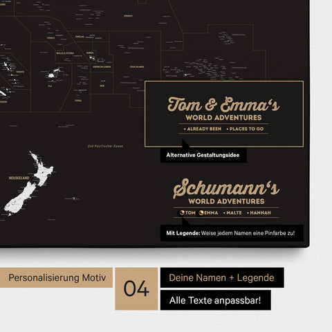 Australien-Karte als Leinwand zum Pinnen in Farbe Schwarz-Weiß mit Personalisierung in Form eines Logos für Familiennamen