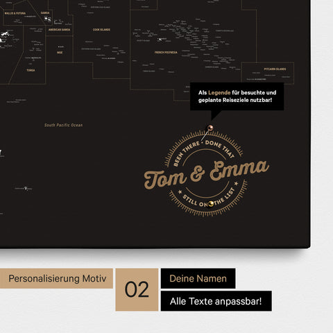 Personalisierte Australien-Karte als Pinn-Leinwand in Farbe Sonar Black (Schwarz-Gold) mit eingedruckten Namen und einer Legende zur Markierung von besuchten Orten