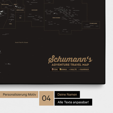 Australien-Karte als Leinwand zum Pinnen in Farbe Sonar Black (Schwarz-Gold) mit Personalisierung in Form eines Logos für Familiennamen