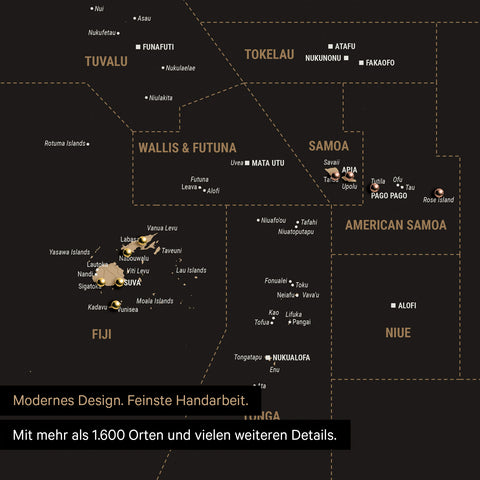 Sehr detaillierte Landkarte von Ozeanien in Farbe Sonar Black (Schwarz-Gold) mit allen Inseln und Atollen in der Südsee