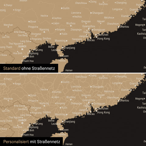 Vergleich einer Australien-Karte in Farbe Sonar Black (Schwarz-Gold) mit und ohne Straßennetz