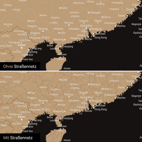 Vergleich einer Australien-Karte in Farbe Sonar Black (Schwarz-Gold) mit und ohne Straßennetz
