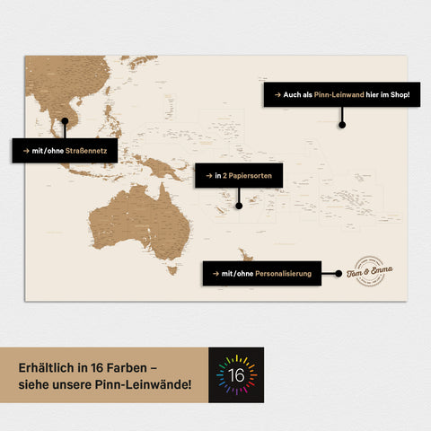 Verschiedene Konfigurationsmöglichkeiten für ein individuelles Poster einer Australien-Landkarte