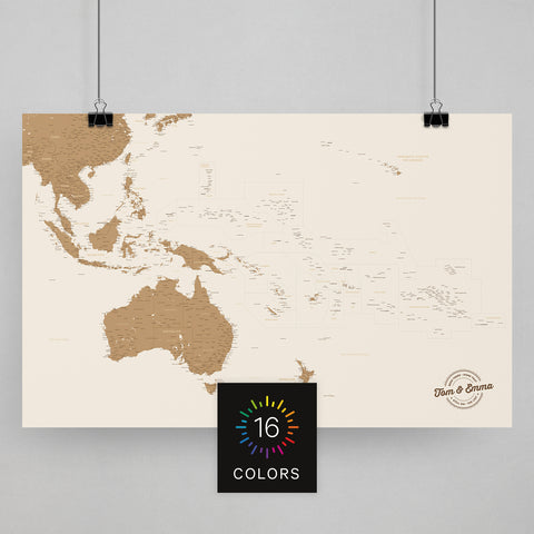 Australien und Ozeanien Landkarte mit Südsee in 16 verschiedenen Farben als Poster zum Pinnen und Markieren von Reisezielen