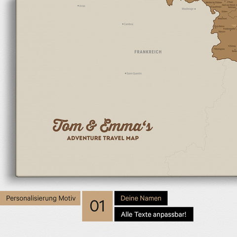Landkarte von Niederlande, Belgien und Luxemburg als Pinnwand Leinwand in Bronze mit Personalisierung und Namen in einer modernen Schreibschrift