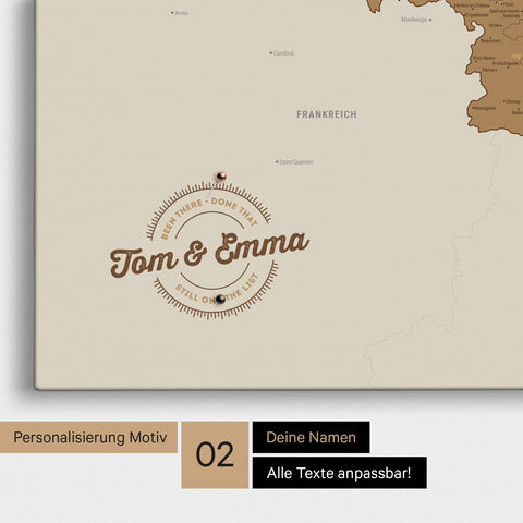 Benelux-Karte Pinn-Leinwand in Bronze mit Personalisierung als rundes Logo, das eine Legende für bereits besuchte Reiseziele im Rundtext beinhaltet