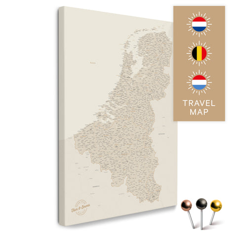 Benelux map with the Netherlands, Belgium, and Luxembourg in gold color in a modern, minimalist design as a canvas for pinning trips and places