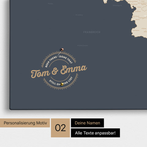 Benelux-Karte Pinn-Leinwand in Hale Navy mit Personalisierung als rundes Logo, das eine Legende für bereits besuchte Reiseziele im Rundtext beinhaltet