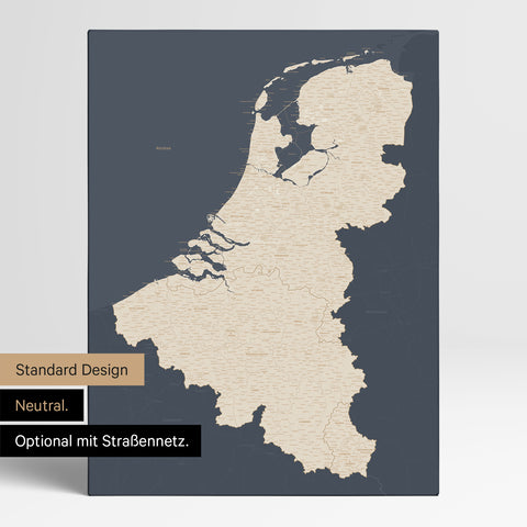 Neutrale Standard Ausführung der detaillierten Benelux-Karte als Pinnwand Leinwand in Hale Navy ohne Personalisierung