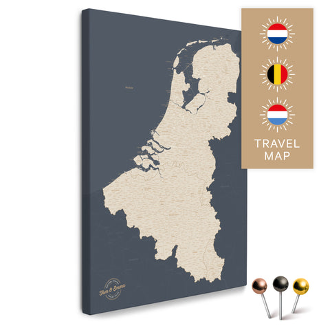 Benelux map with the Netherlands, Belgium, and Luxembourg in the color Hale Navy in a modern, minimalist design as a canvas for pinning trips and places