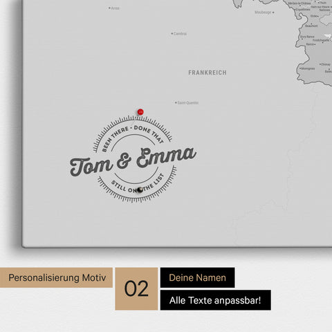 Benelux-Karte Pinn-Leinwand in Multicolor Grau mit Personalisierung als rundes Logo, das eine Legende für bereits besuchte Reiseziele im Rundtext beinhaltet