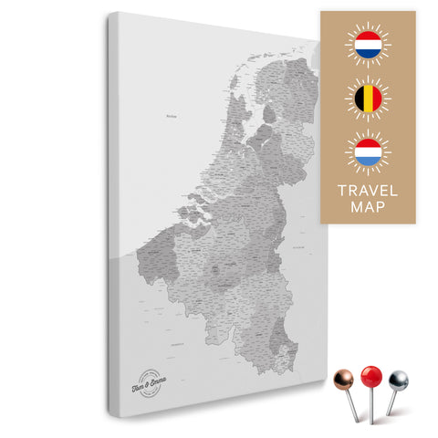 Benelux map with Netherlands, Belgium, and Luxembourg in multicolor gray in a modern, minimalist design as a canvas for pinning trips and places