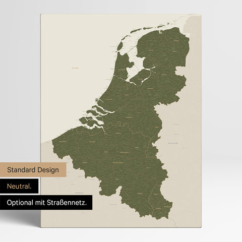Neutrale Standard Ausführung der detaillierten Benelux-Karte als Pinnwand Leinwand in Oliv-Grün ohne Personalisierung