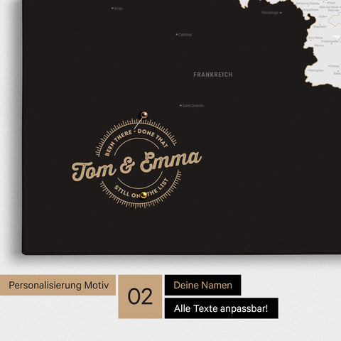 Benelux-Karte Pinn-Leinwand in Schwarz-Weiss mit Personalisierung als rundes Logo, das eine Legende für bereits besuchte Reiseziele im Rundtext beinhaltet