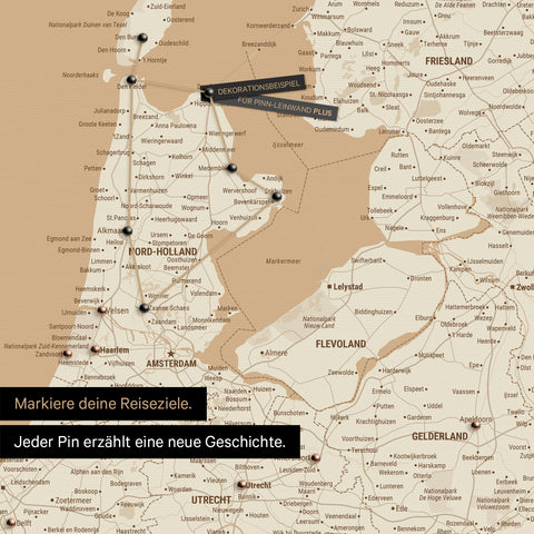 Modern Benelux map in the color Treasure Gold as a Push Pin Map shows a section of North Holland and Utrecht, where already visited travel destinations are marked with pins