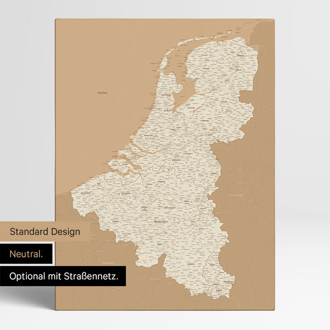 Neutrale Standard Ausführung der detaillierten Benelux-Karte als Pinnwand Leinwand in Treasure Gold ohne Personalisierung
