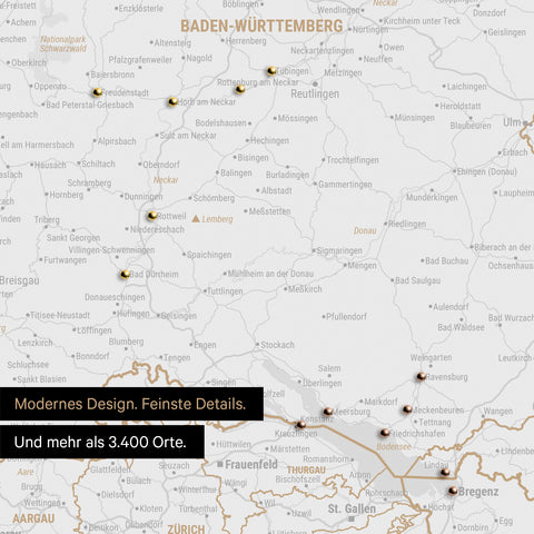 Ausschnitte einer DACH-Karte als Pinn-Leinwand in Dark Gray mit 3.400 Orten