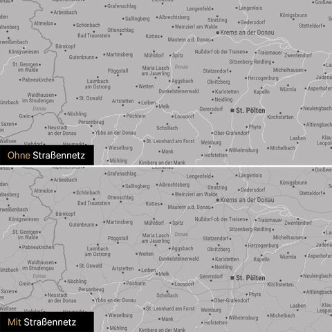 DACH-Karte Leinwand in Hellgrau wahlweise mit oder ohne Straßennetz