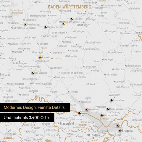 Ausschnitte einer DACH-Karte als Pinn-Leinwand in Light Black mit 3.400 Orten